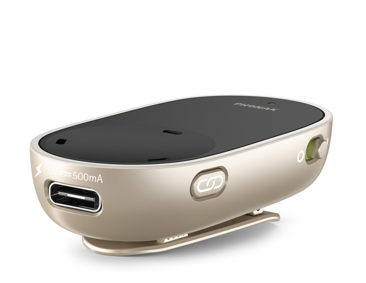 Phonak PartnerMic accessory for Phonak Infinio Sphere and Lumity hearing aids, shown from the side view.