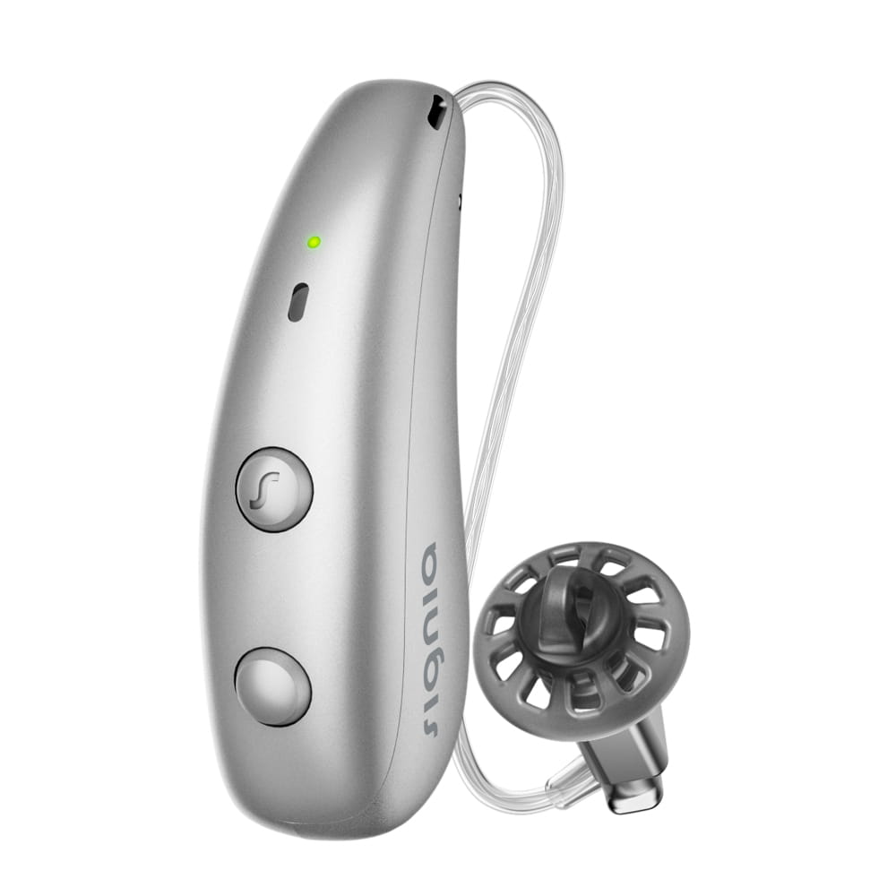 Signia Pure Charge and Go MaX hearing aid in Silver Grey