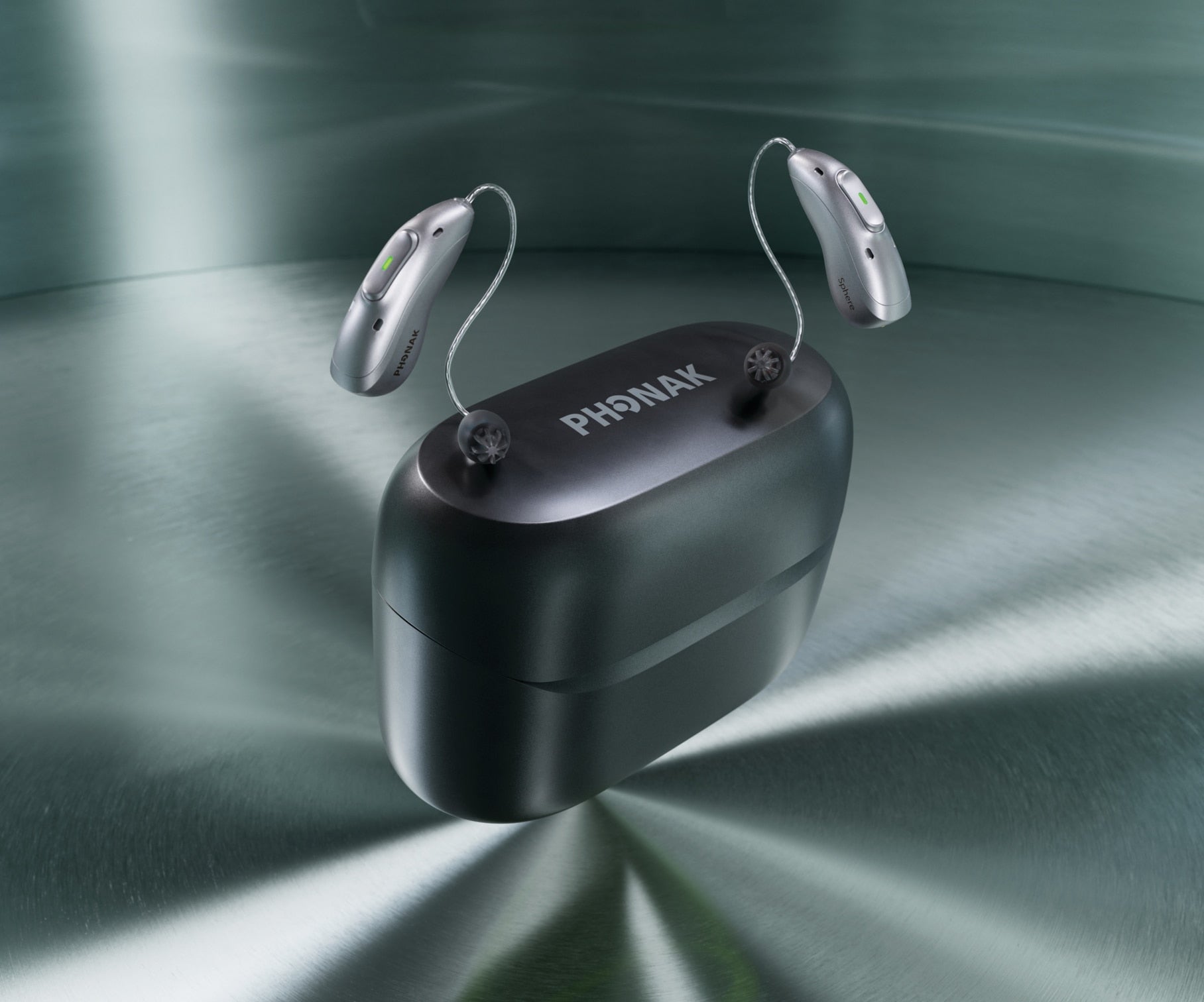 Phonak Premium ChargerGo portable charging case with Audeo EON Sphere hearing aids inside