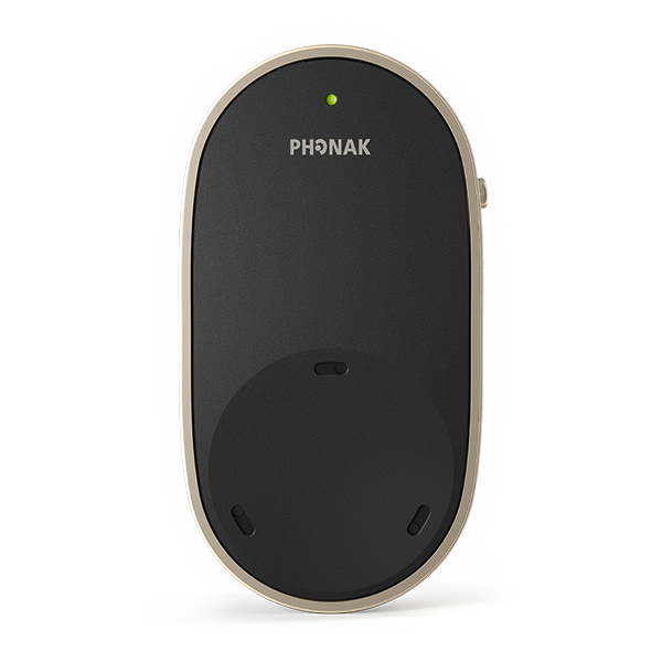 Phonak PartnerMic accessory for Phonak Infinio Sphere and Lumity hearing aids, shown from the front in the image.