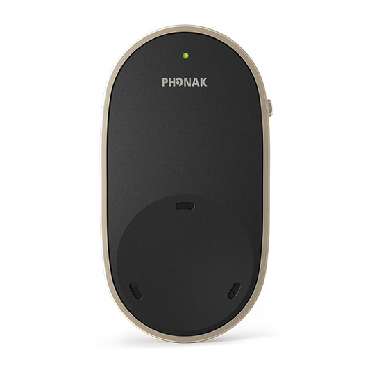 Phonak PartnerMic accessory for Phonak Infinio Sphere and Lumity hearing aids, shown from the front in the image.