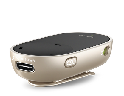Phonak PartnerMic accessory for Phonak Infinio Sphere and Lumity hearing aids, shown from the side view.