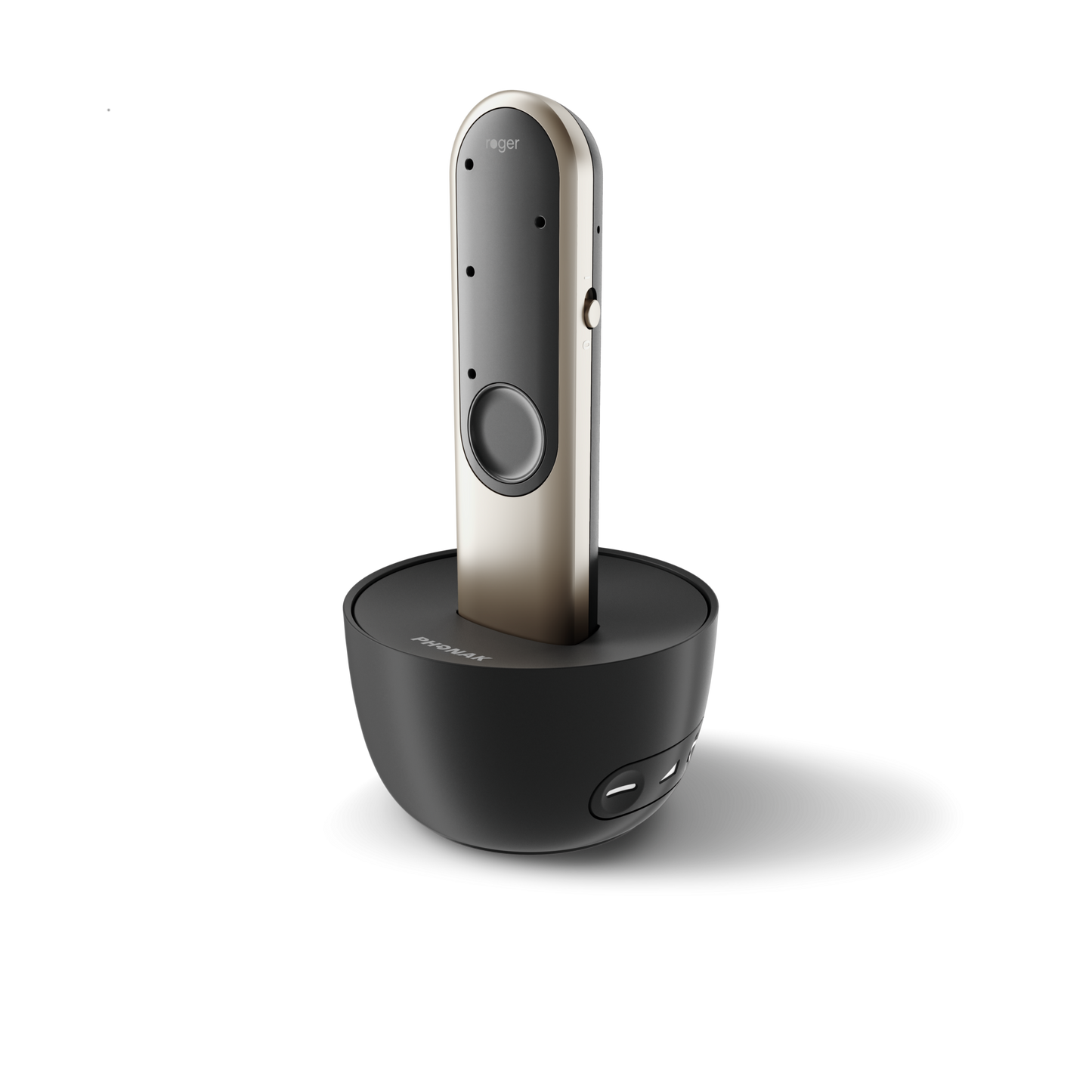 Phonak Roger On 3 accessory dock for Phonak Infinio Sphere and Lumity hearing aids, shown with device and charger.