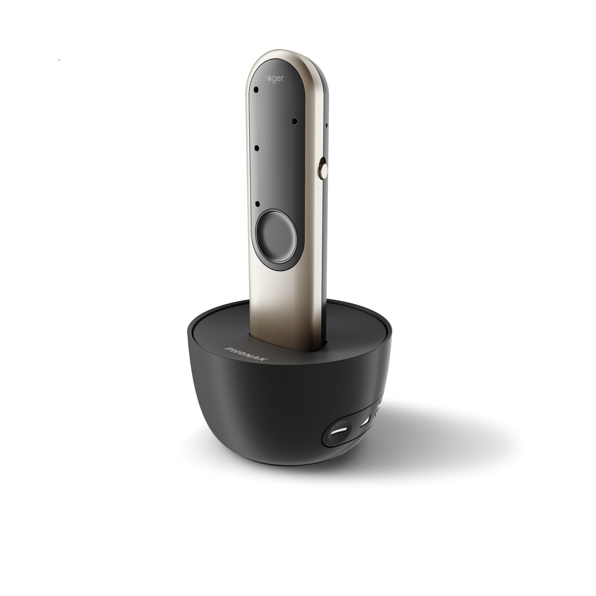 Phonak Roger On 3 accessory dock for Phonak Infinio Sphere and Lumity hearing aids, shown with device and charger.