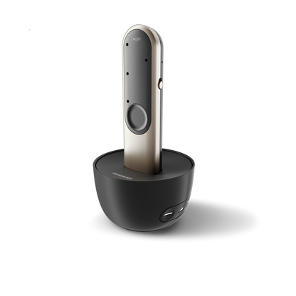 Phonak Roger On 3 accessory dock for Phonak Infinio Sphere and Lumity hearing aids, shown with device and charger.