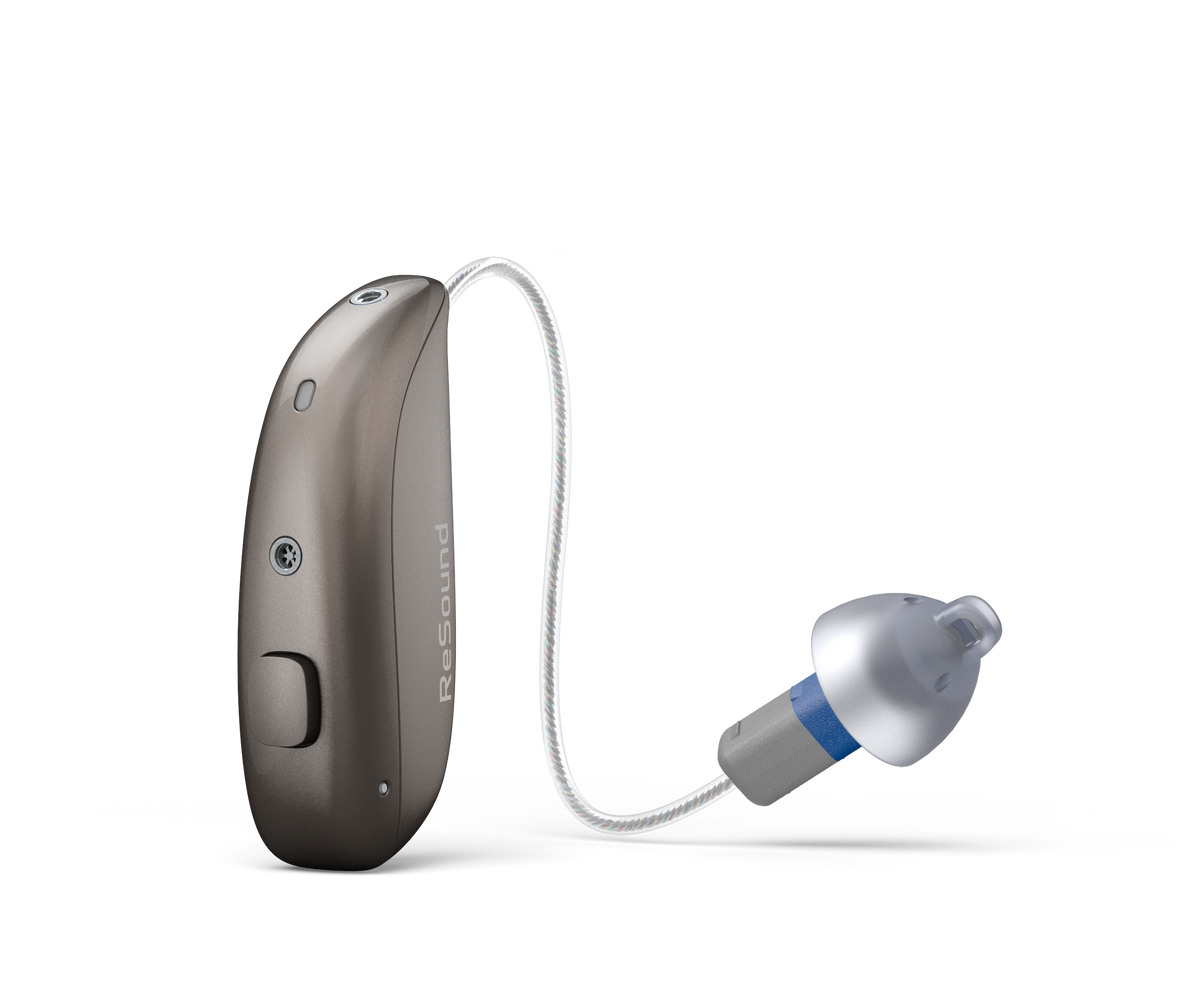 ReSound Sensia rechargeable microRIE hearing aid in Warm Grey