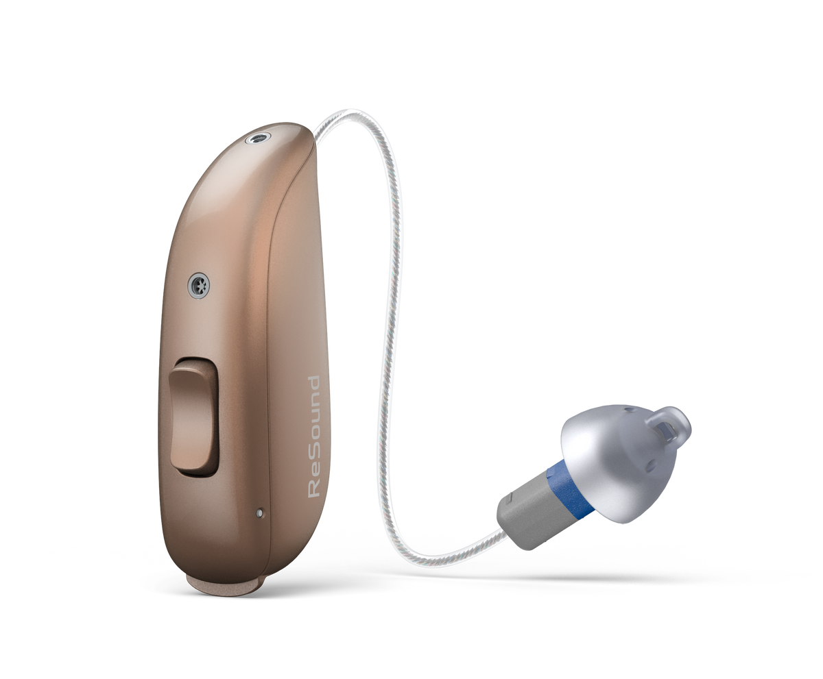 ReSound Sensia RIE 62 hearing aid with size 13 battery and telecoil in Bronze