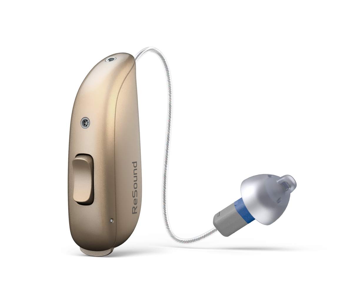 ReSound Sensia RIE 62 hearing aid with size 13 battery and telecoil in Gold