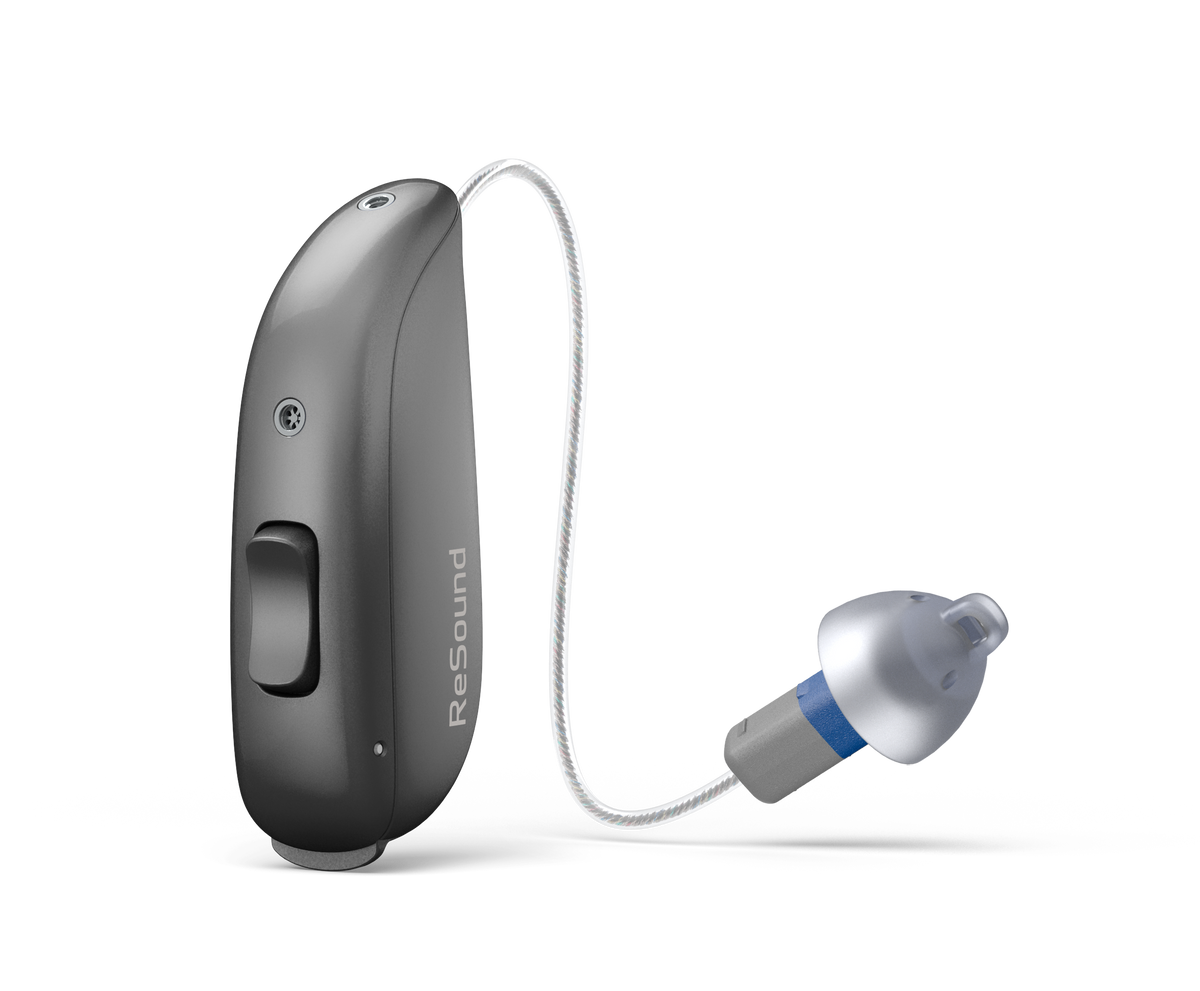 ReSound Sensia RIE 62 hearing aid with size 13 battery and telecoil in Graphite