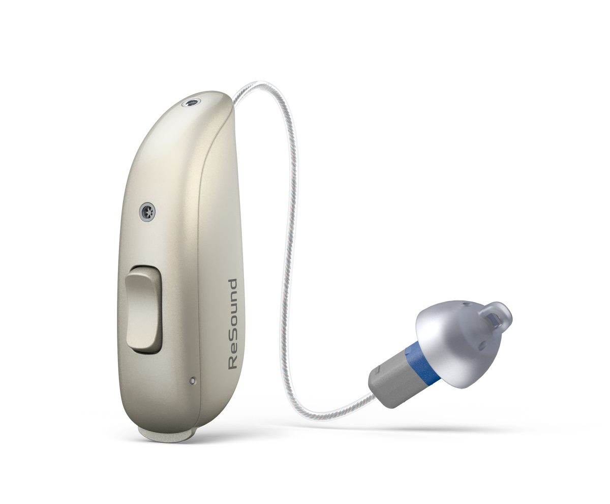 ReSound Sensia RIE 62 hearing aid with size 13 battery and telecoil in Sand