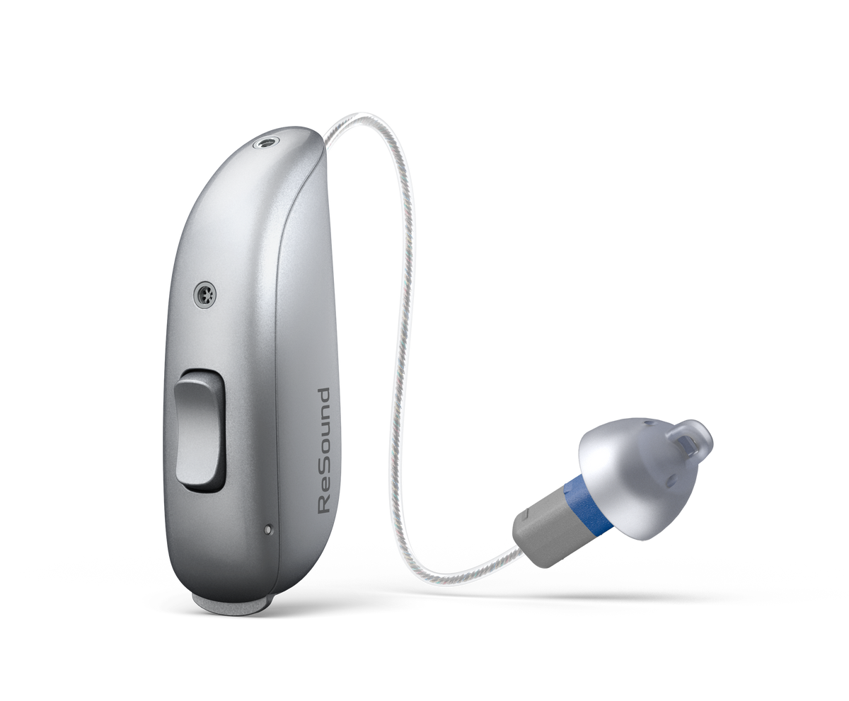 ReSound Sensia RIE 62 hearing aid with size 13 battery and telecoil in Sparkling Silver