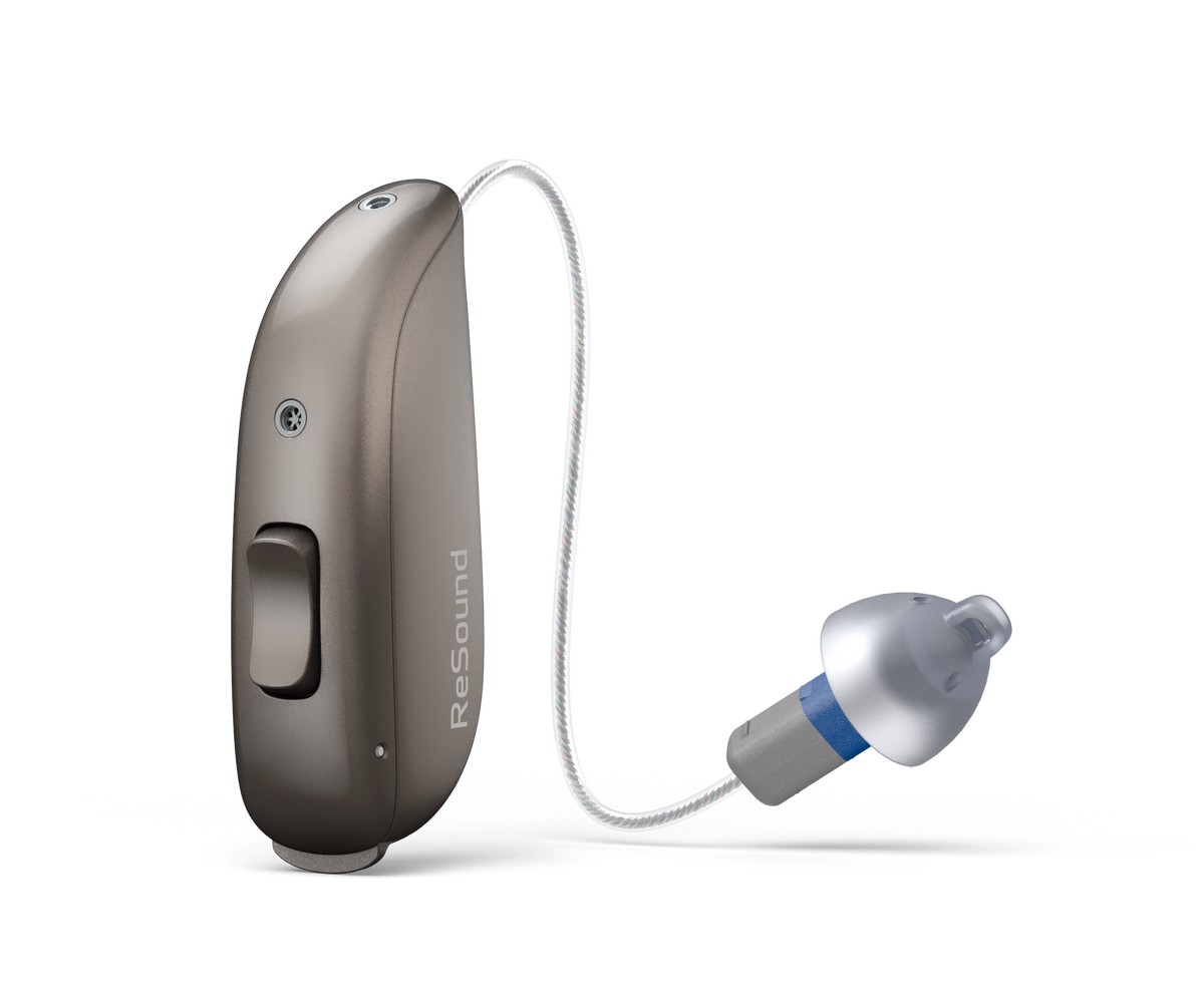 ReSound Sensia RIE 62 hearing aid with size 13 battery and telecoil in Warm Grey