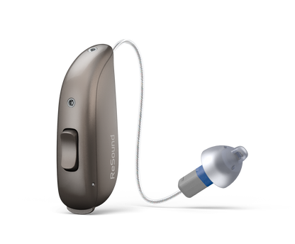 ReSound Sensia RIE 62 hearing aid with size 13 battery and telecoil in Warm Grey