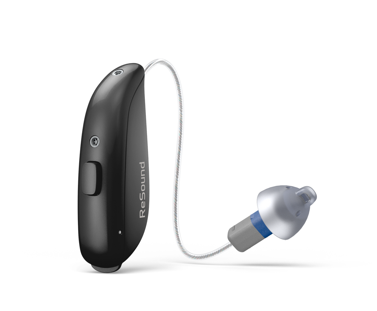 ReSound Sensia RIE 61 hearing aid with 312 battery in Deep Black