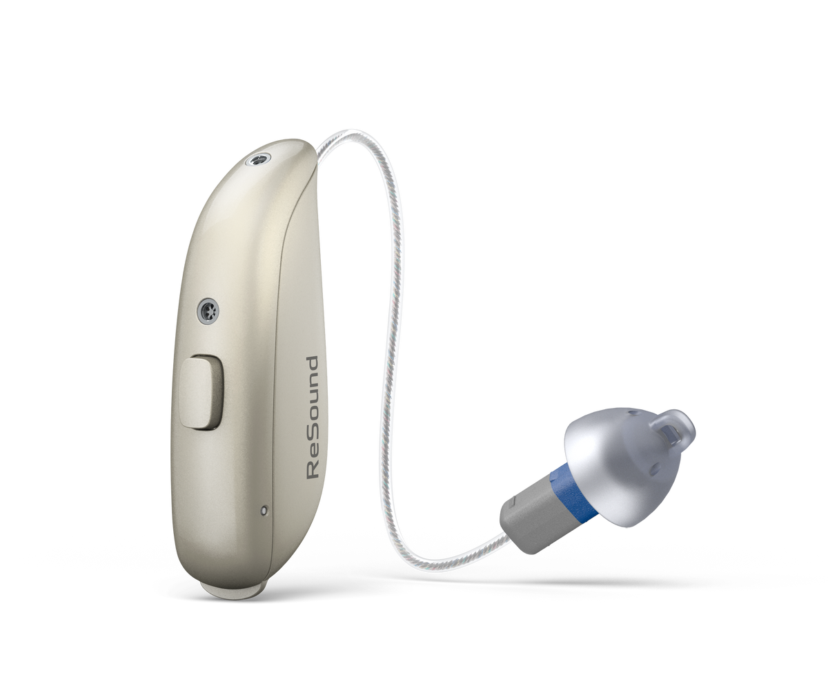 ReSound Sensia RIE 61 hearing aid with 312 battery in Sand