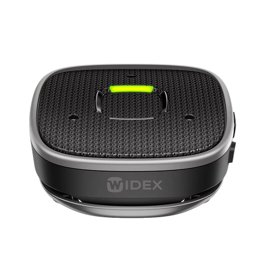 Widex Sound Assist accessory for Widex SmartRIC and Moment Sheer hearing aids, shown in packaging.