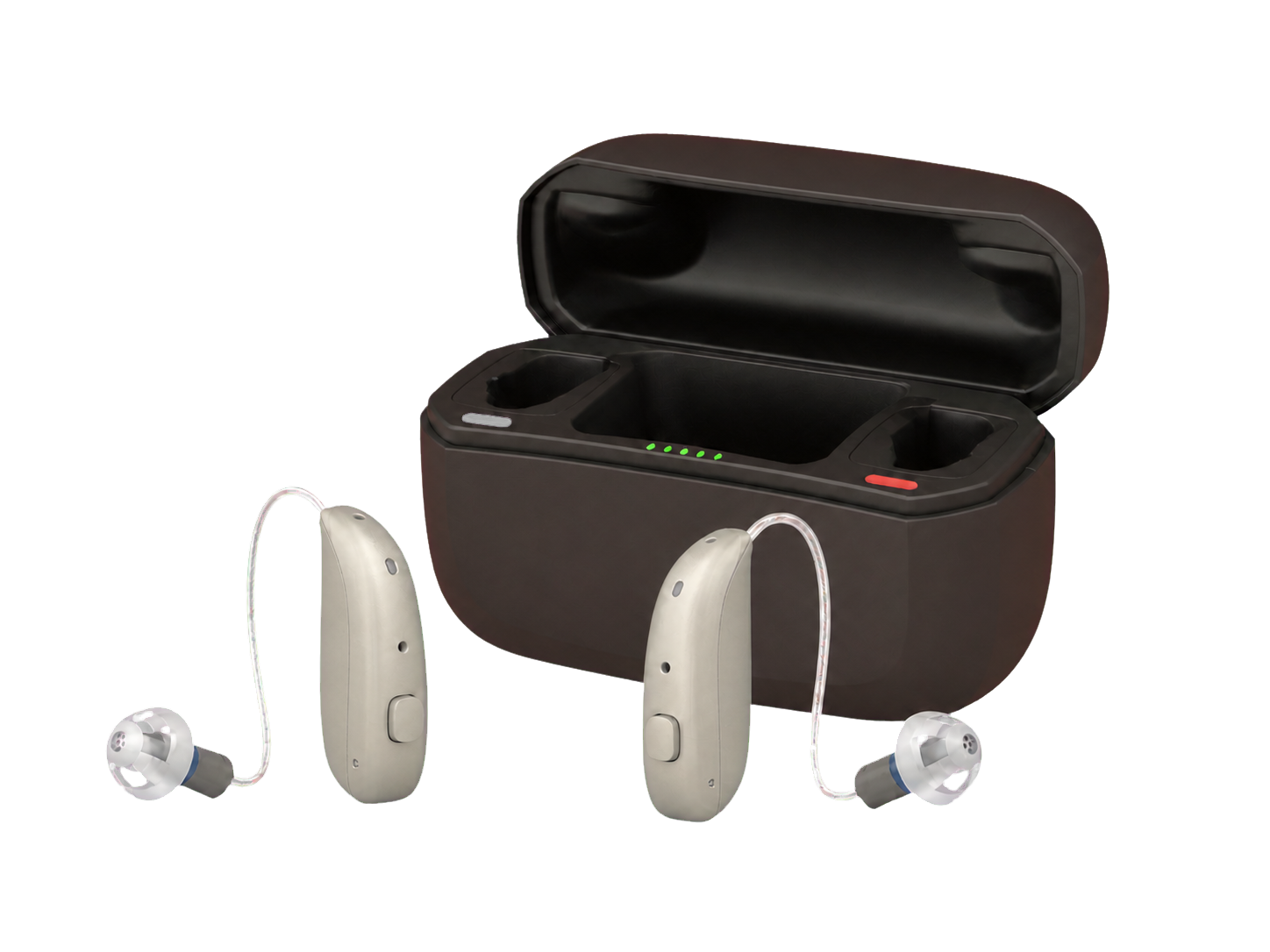 ReSound Vivia 9 hearing aids in Sand with the Premium Charger